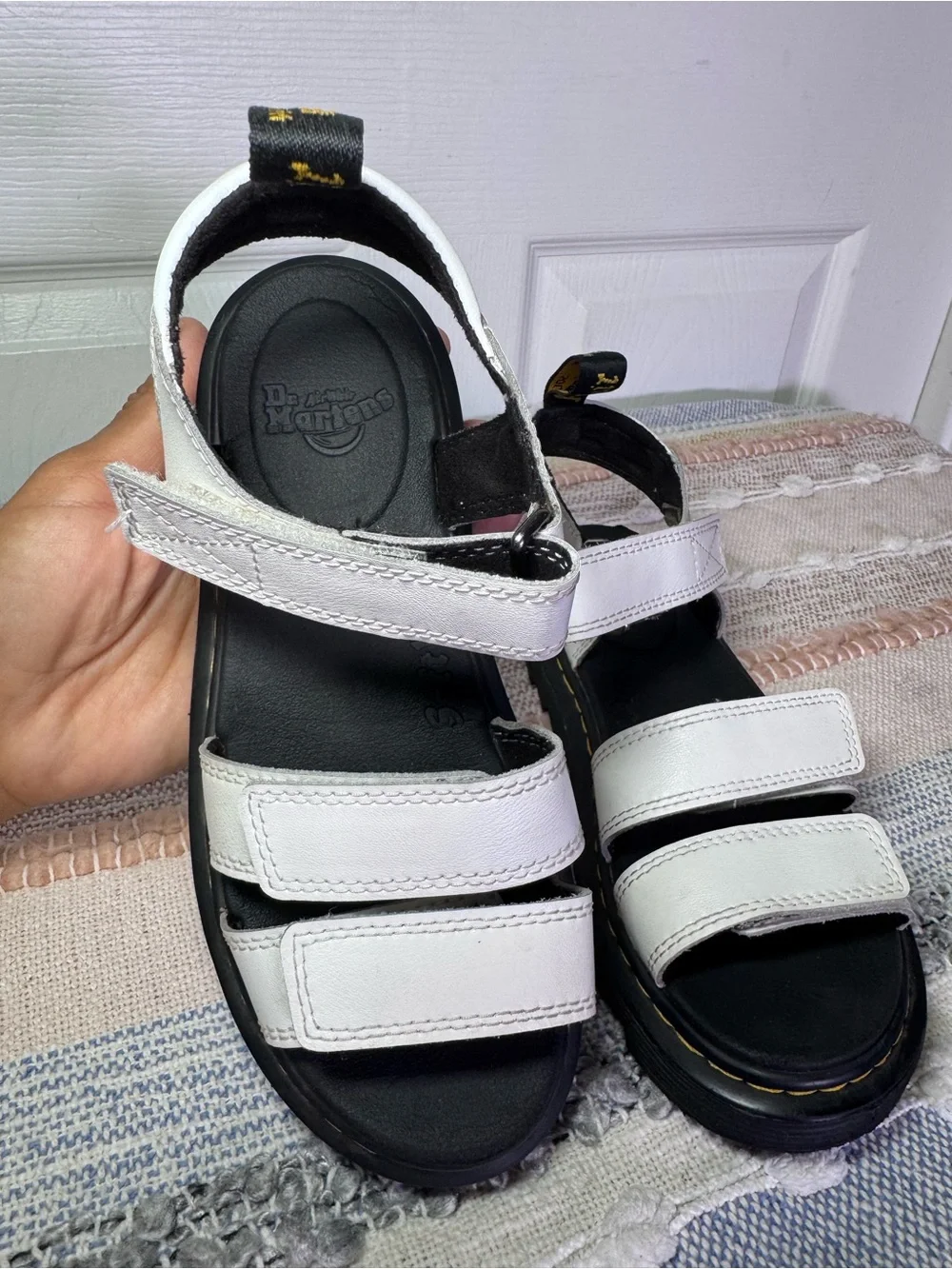 Dr. Martens Klaire J White and Black Leather Platform Sandals